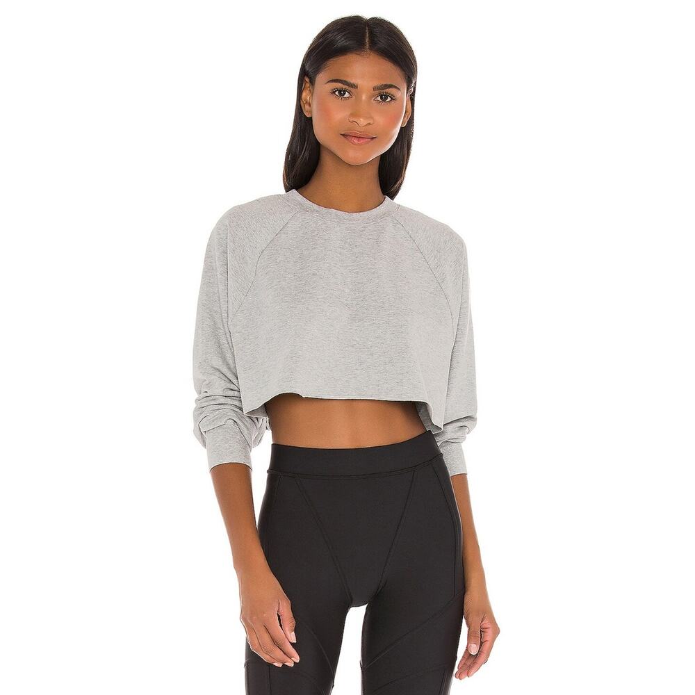 Alo Yoga Double Take Crop Raw Hem Crew Pullover Sweatshirt Dove Grey Heather M